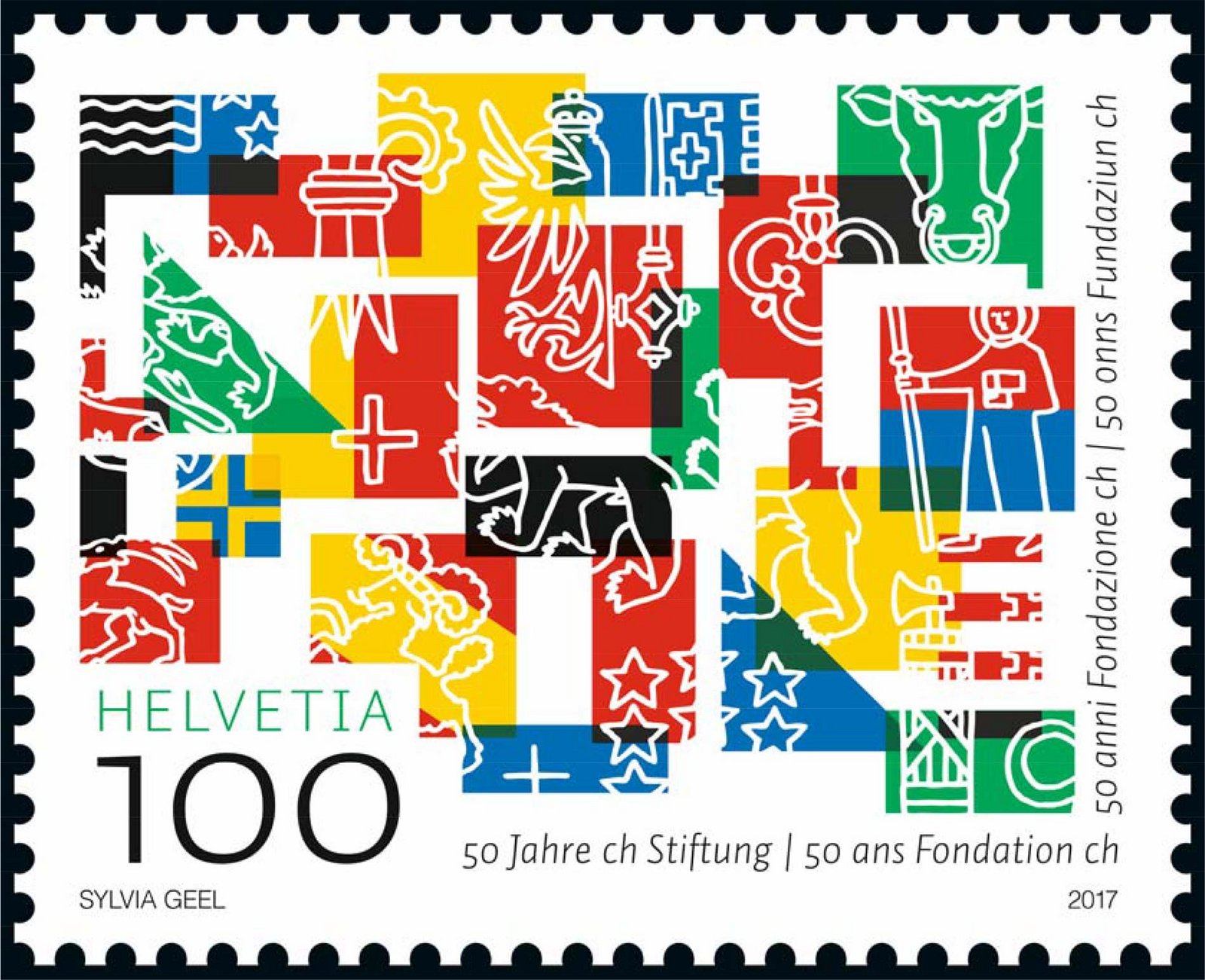 Questo francobollo multicolore raggruppa e mescola i colori e i simboli delle bandiere dei 26 Cantoni svizzeri.
